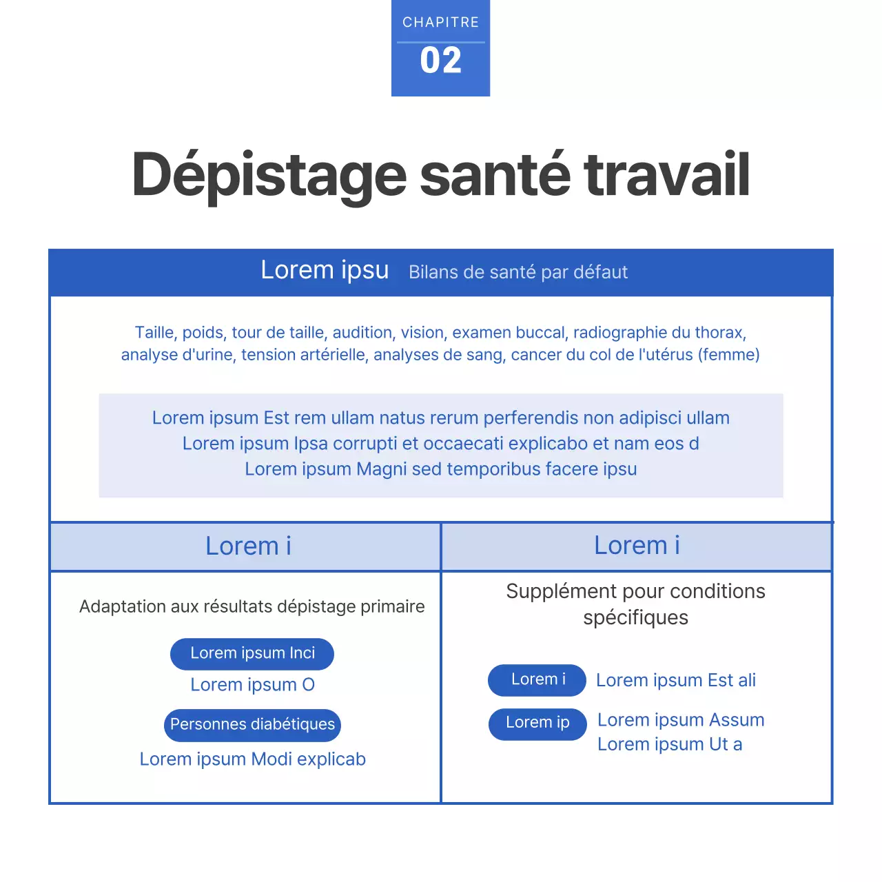 Carte-guide bleue et blanche pour le bilan de santé préalable à l'embaucheNews Design