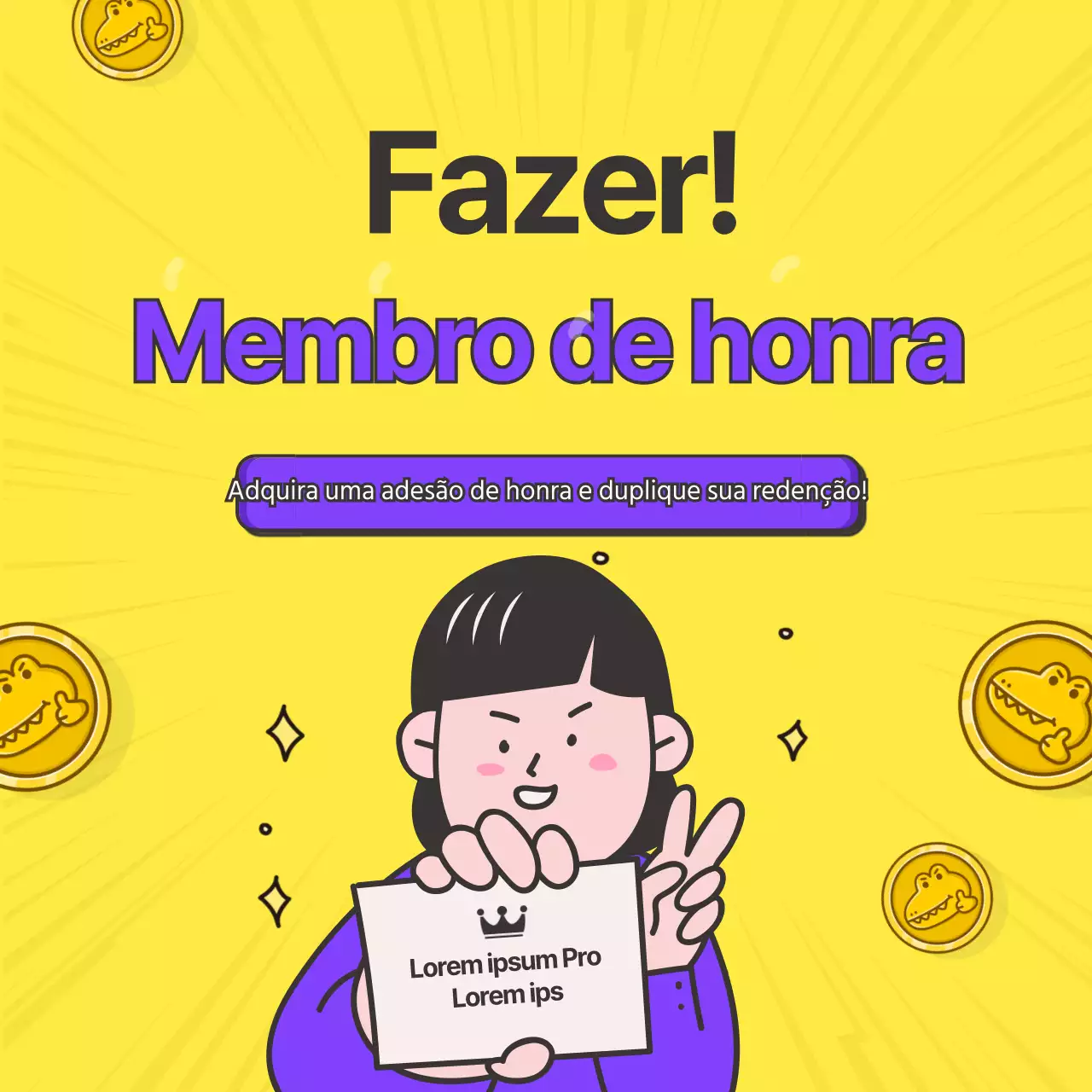 Fundo amarelo Membro honorário Efeitos fortes Faixa engraçada com moeda a voar