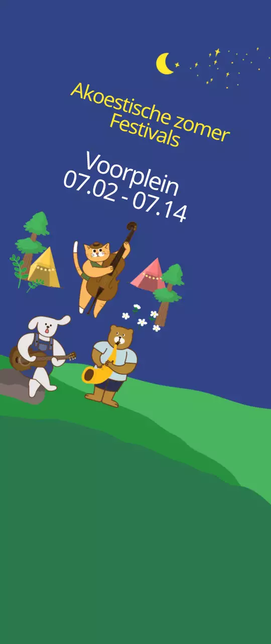 Schattige illustratiestijl in donker marineblauw en geel voor informatie en promotie van akoestische zomerfestivals