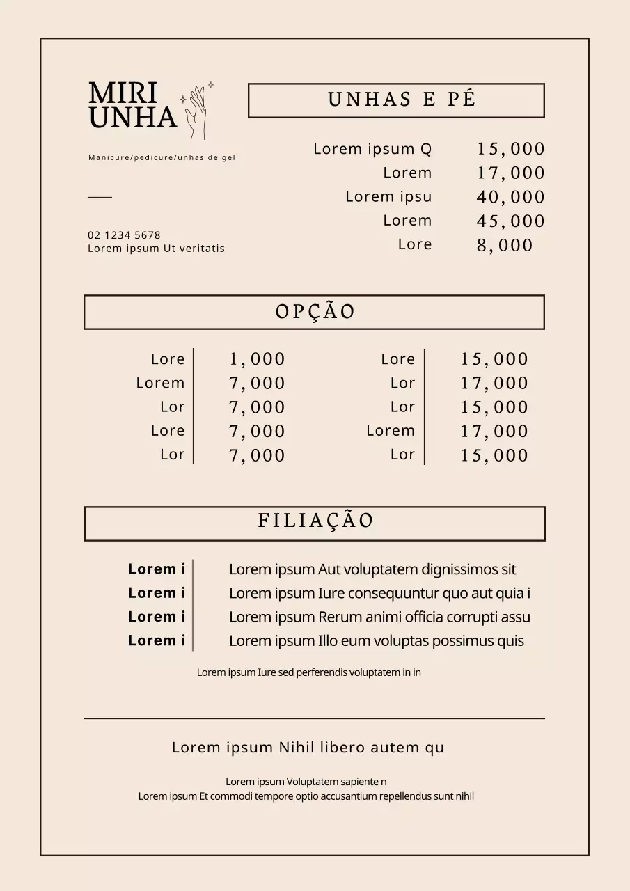 Menu de salão de unhas limpo com letras castanhas