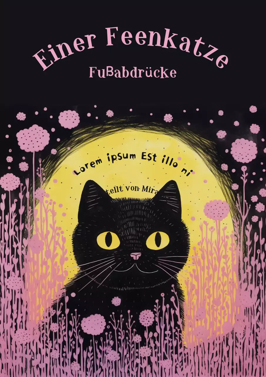 Die magischen Abenteuer einer Katze in einem Feld mit rosa Blumen auf schwarzem Hintergrund