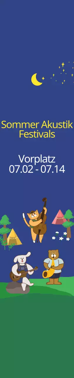 Niedlicher Illustrationsstil in dunklem Marineblau und Gelb für Informationen und Werbung für akustische Sommerfestivals