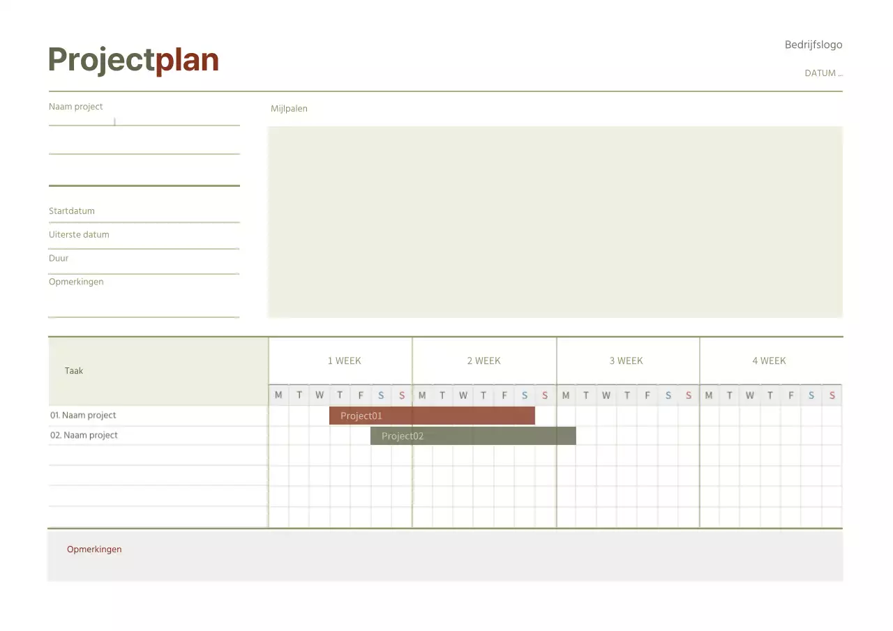 Digitaal notitieboek met eenvoudige projectplanner in bruin en groen