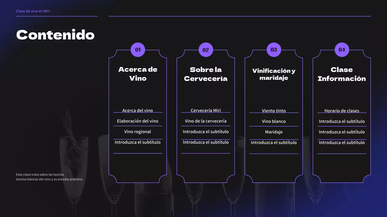 Seminario de clases de vinicultura en tonos negros y morados
