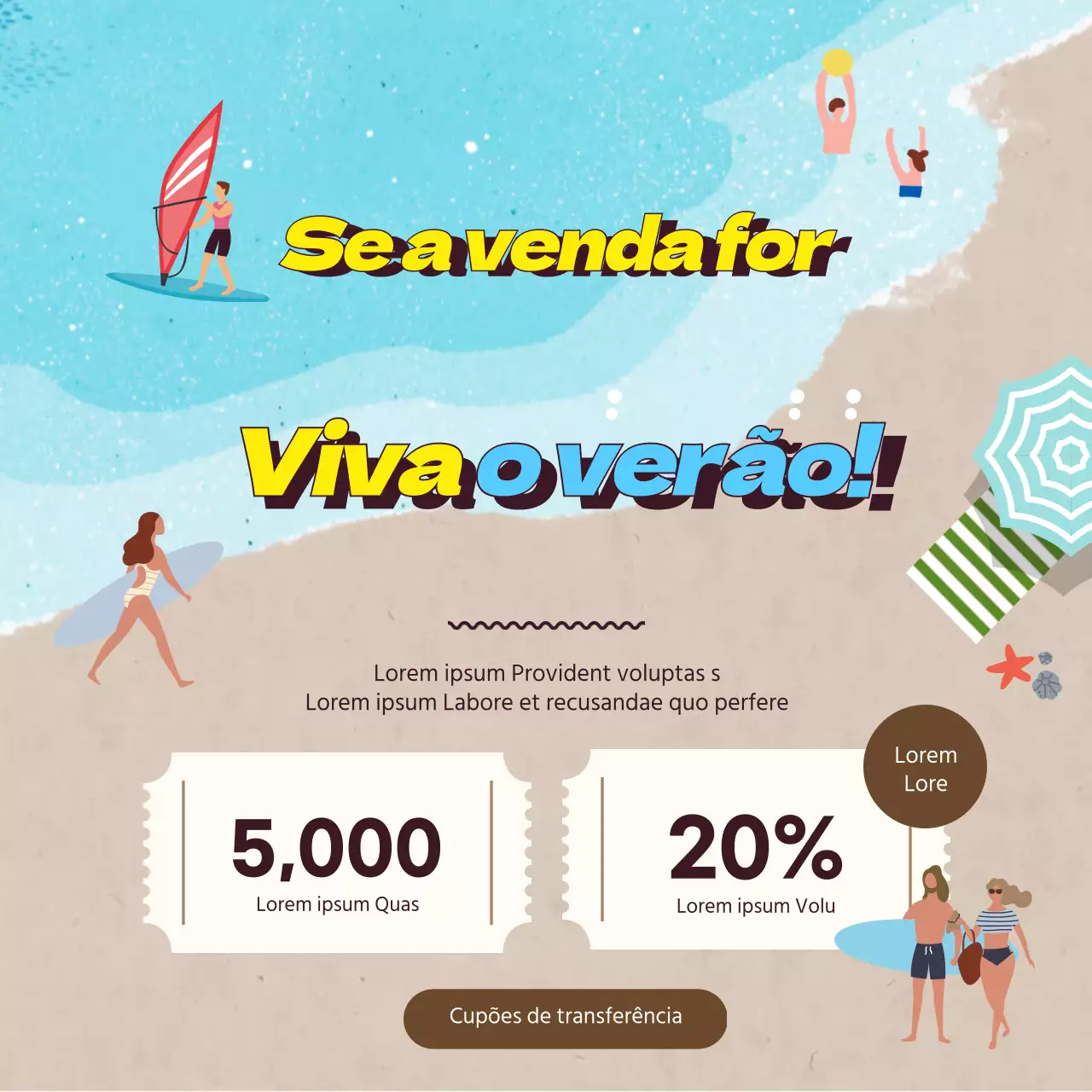 Evento de cupões de verão ilustrados azuis e castanhos