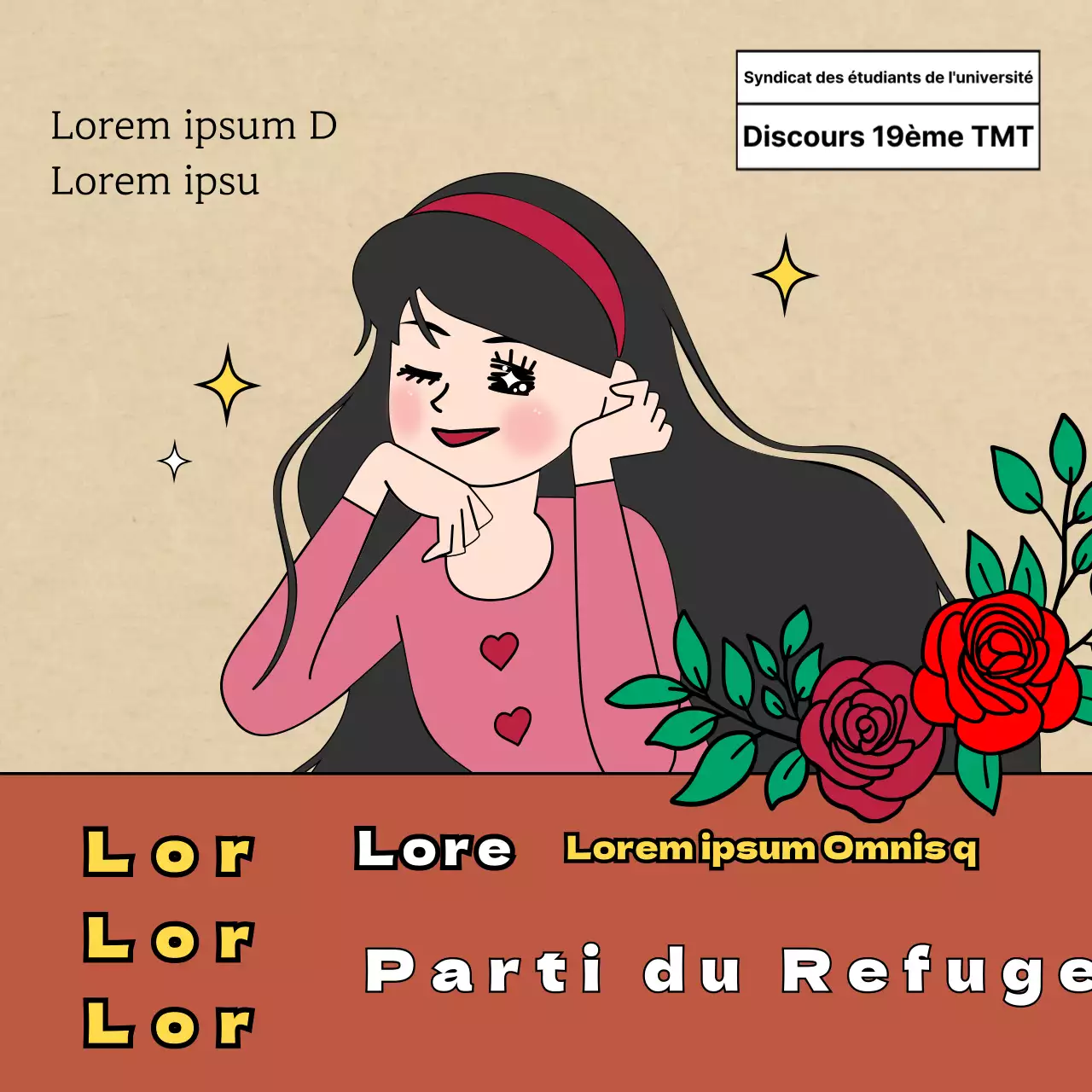 Un appel à candidatures pour un club avec des illustrations rétro, vintage, comiques et sensibles en marron et beige.