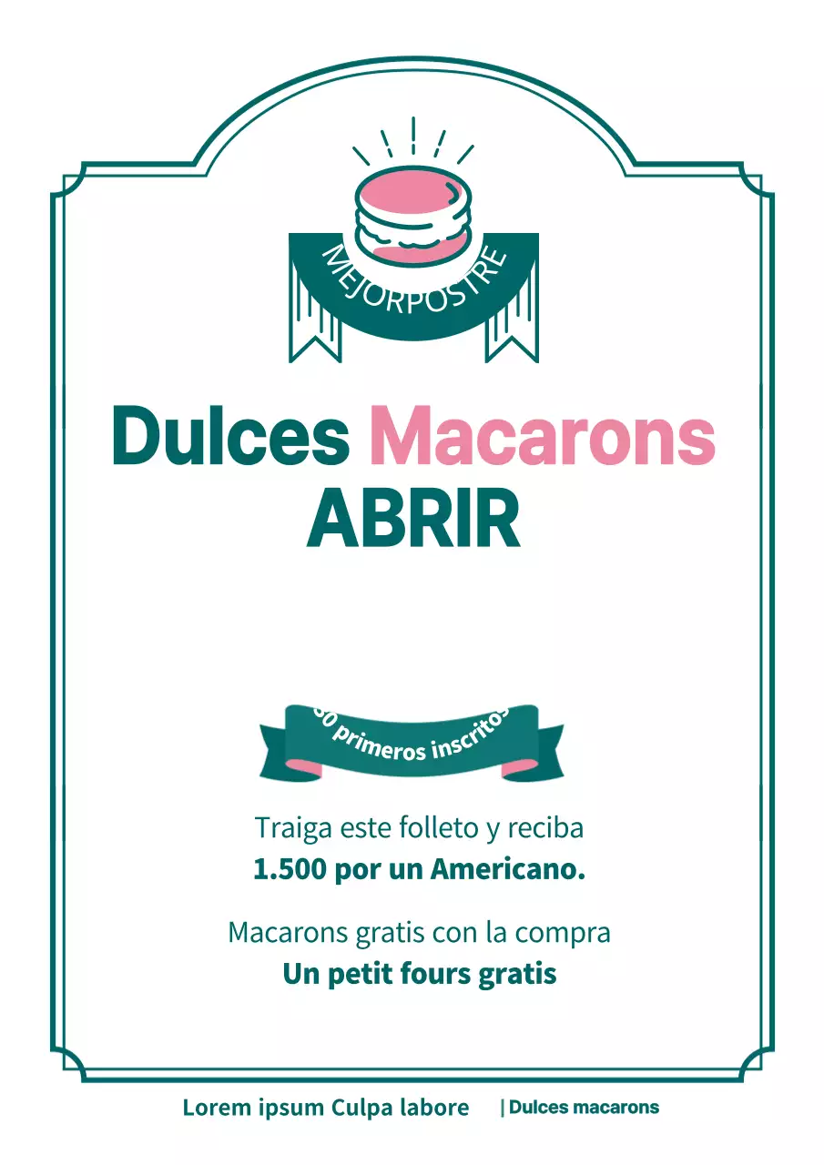Bonito folleto de inauguración de una cafetería de macarons en verde y rosa