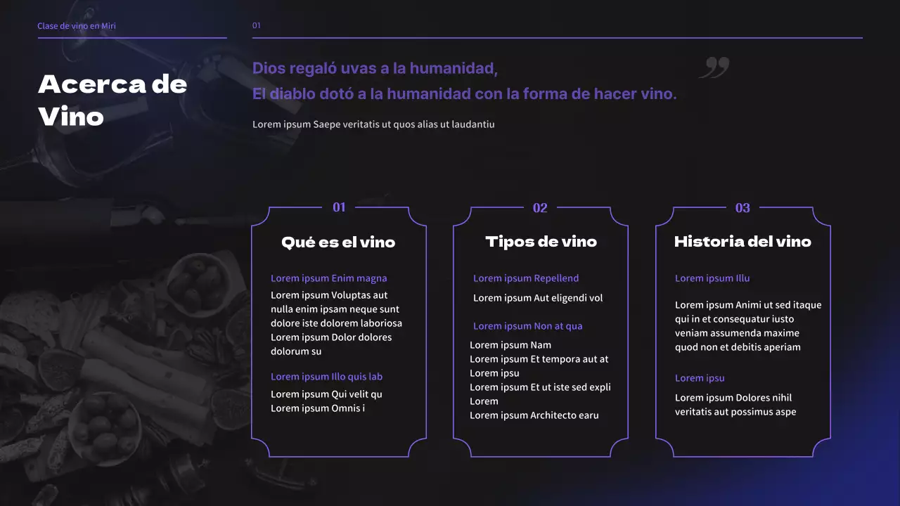 Seminario de clases de vinicultura en tonos negros y morados