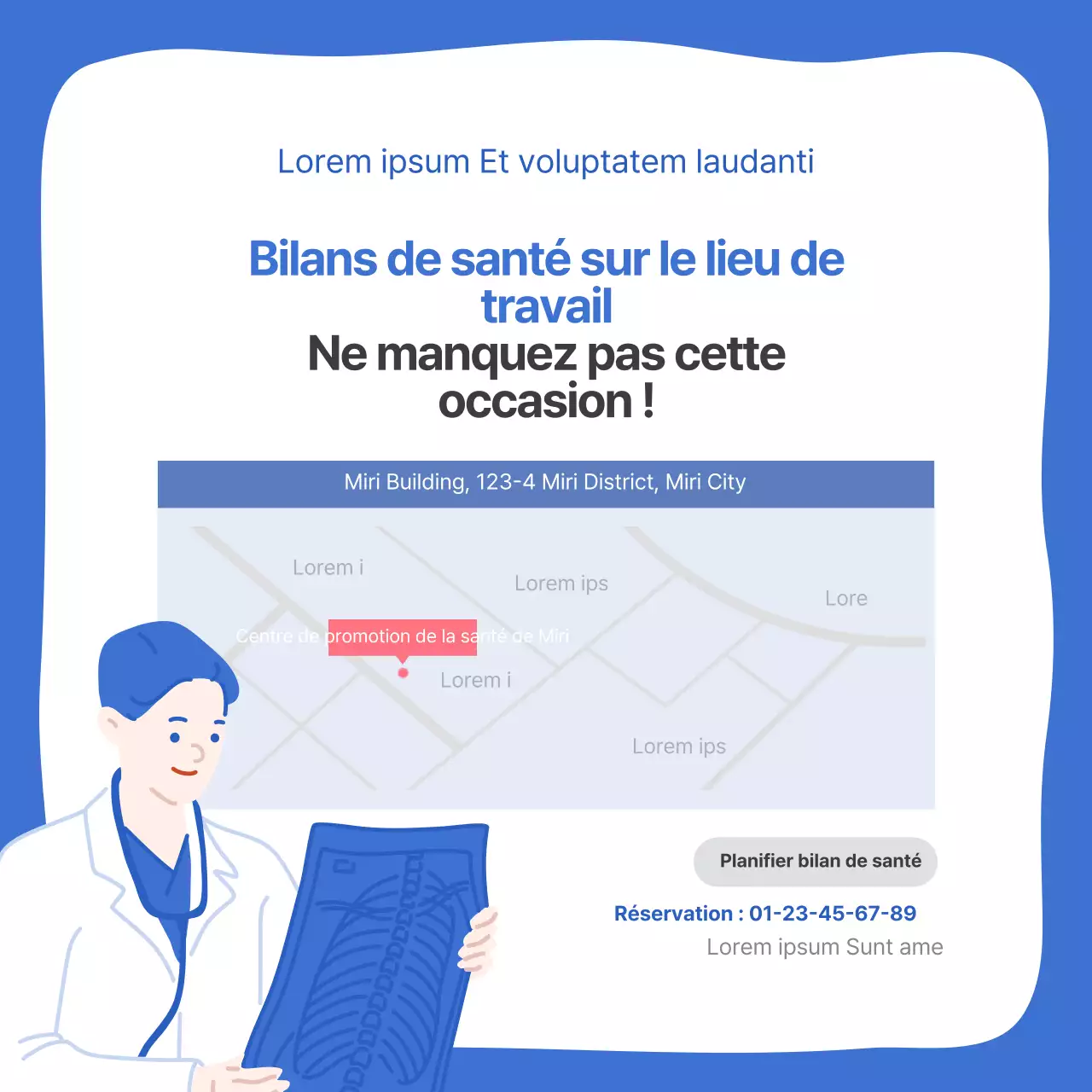 Carte-guide bleue et blanche pour le bilan de santé préalable à l'embaucheNews Design
