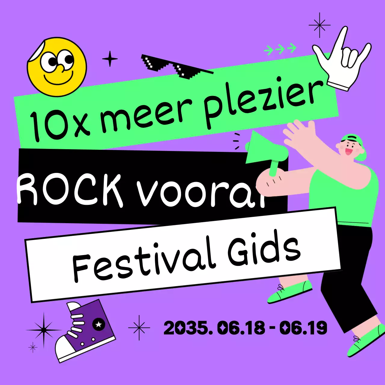 Zomerse festivalgids voor rockbands met vette, schattige en unieke illustraties in paars en fluorescerend chartreuse.