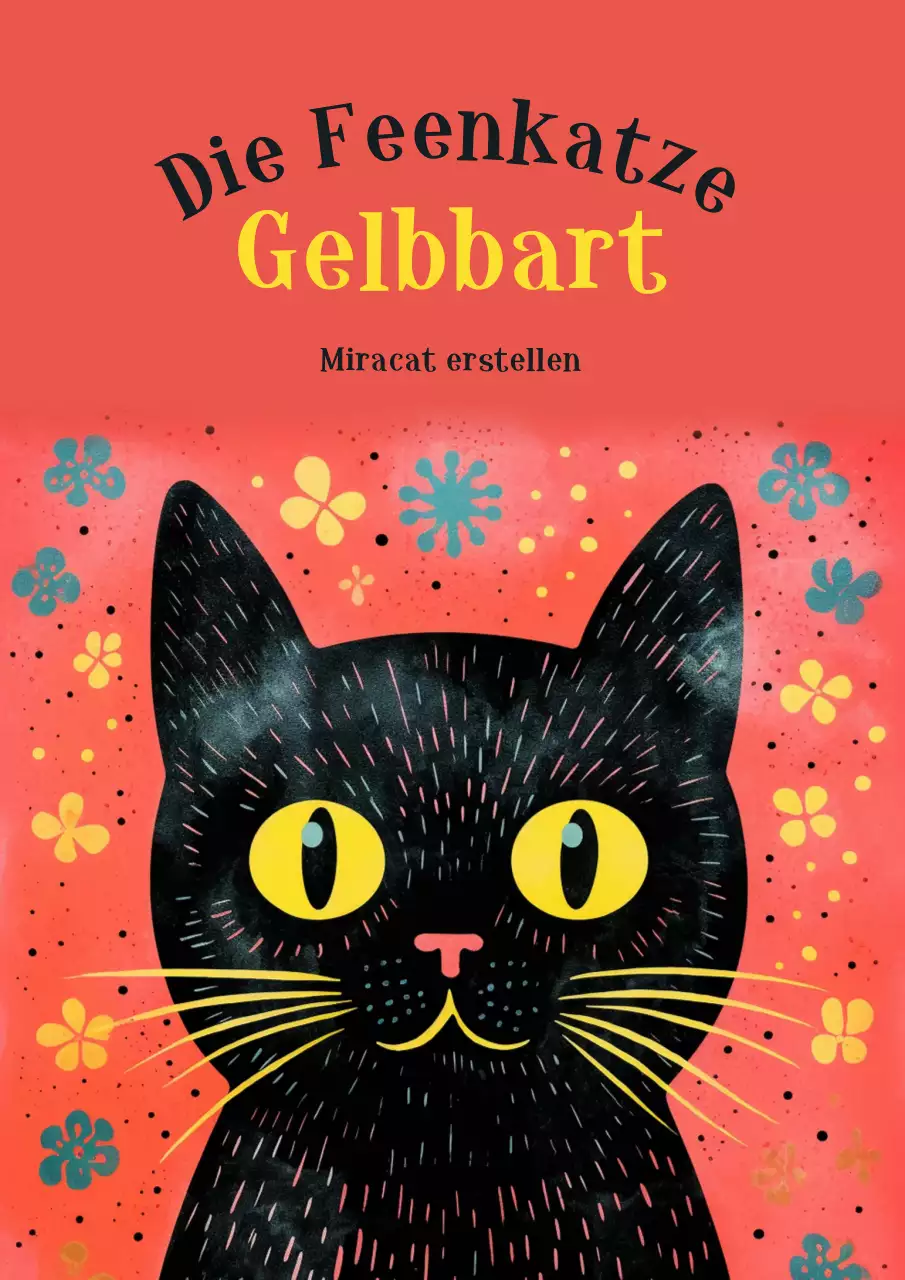 Die magischen Abenteuer einer schwarzen Katze auf einem roten Hintergrund mit Blumenmuster