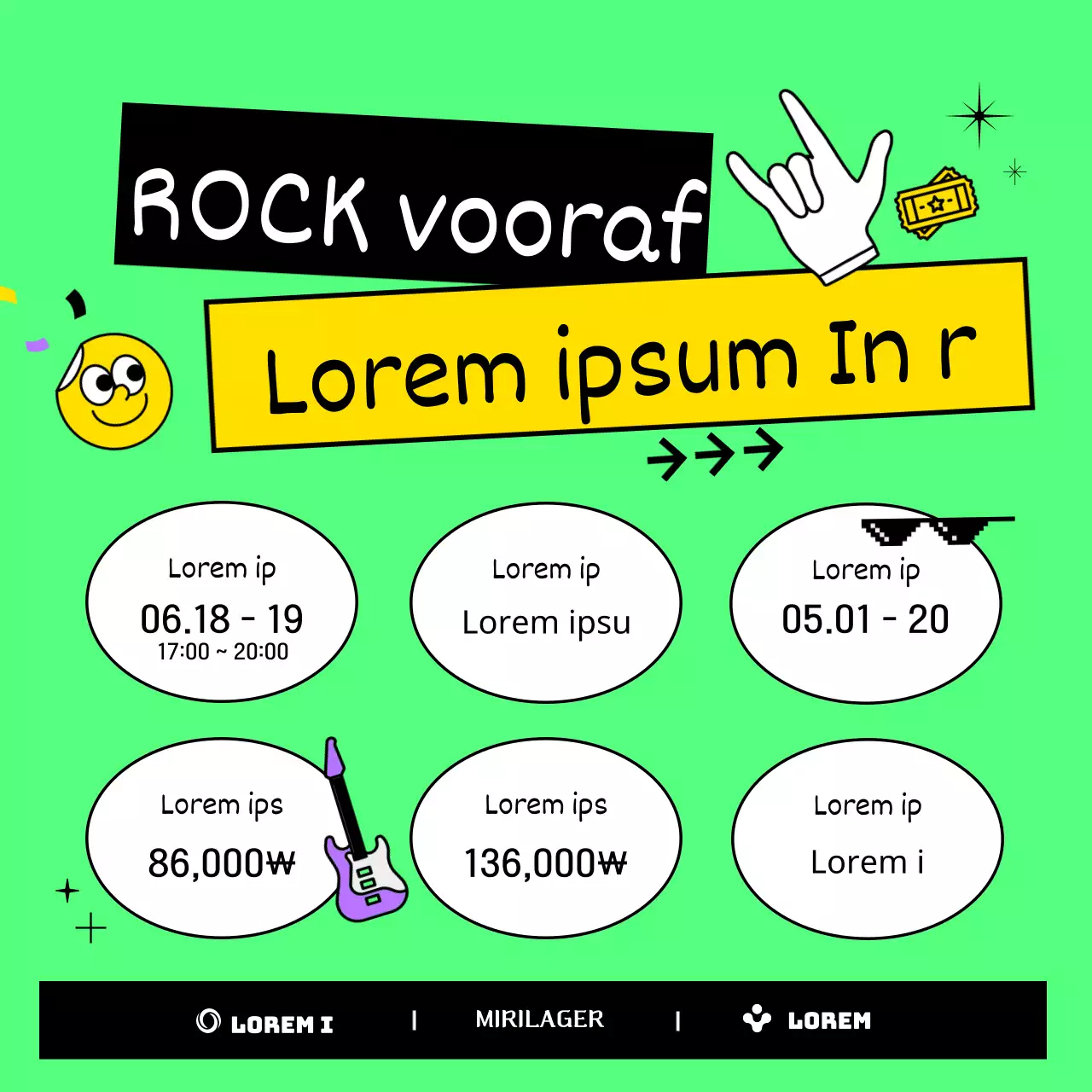 Zomerse festivalgids voor rockbands met vette, schattige en unieke illustraties in paars en fluorescerend chartreuse.