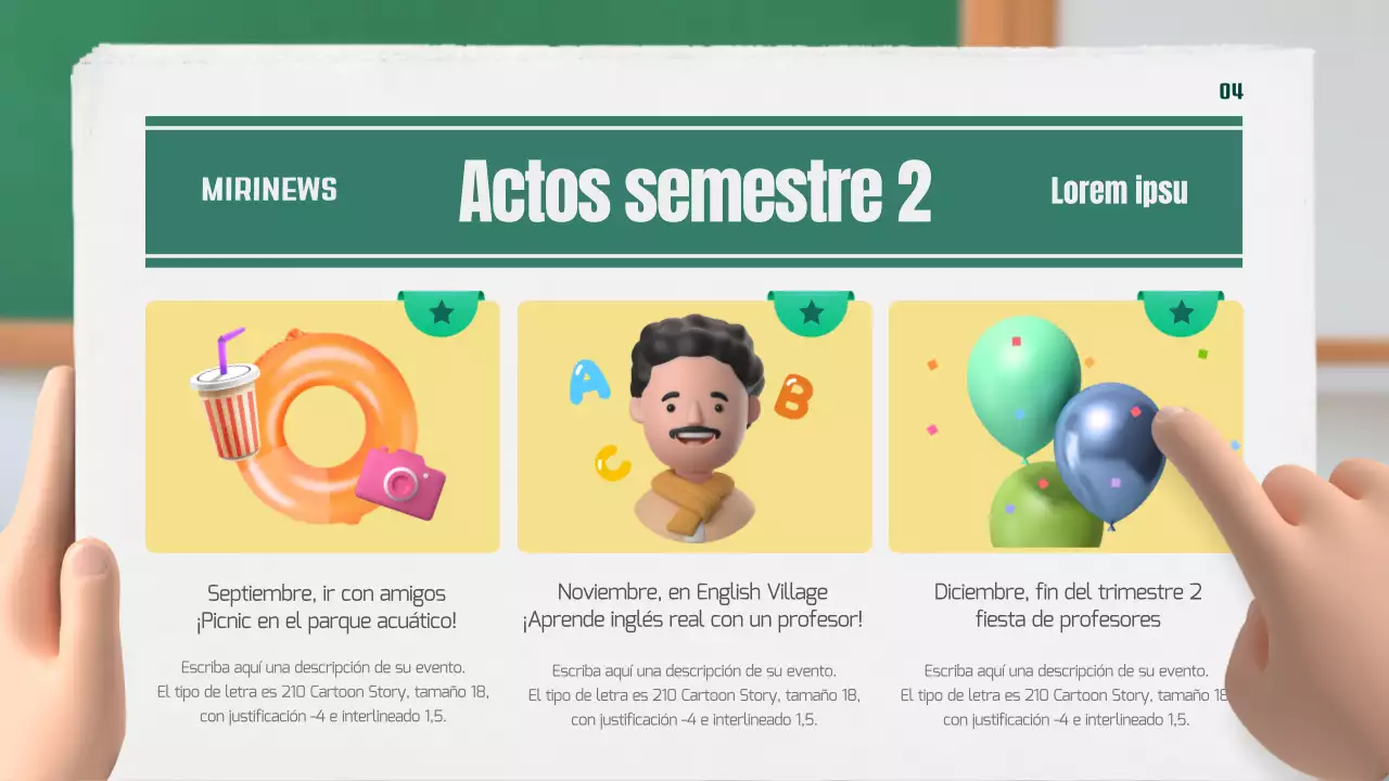 Nuestro periódico de clase en verde y amarillo, 3D estereoscópico