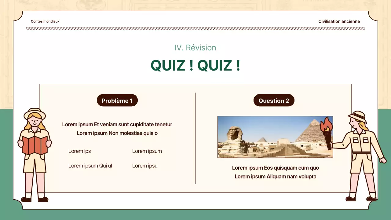 Des illustrations historiques en beige et en vert mettent en valeur les leçons d'histoire du monde.