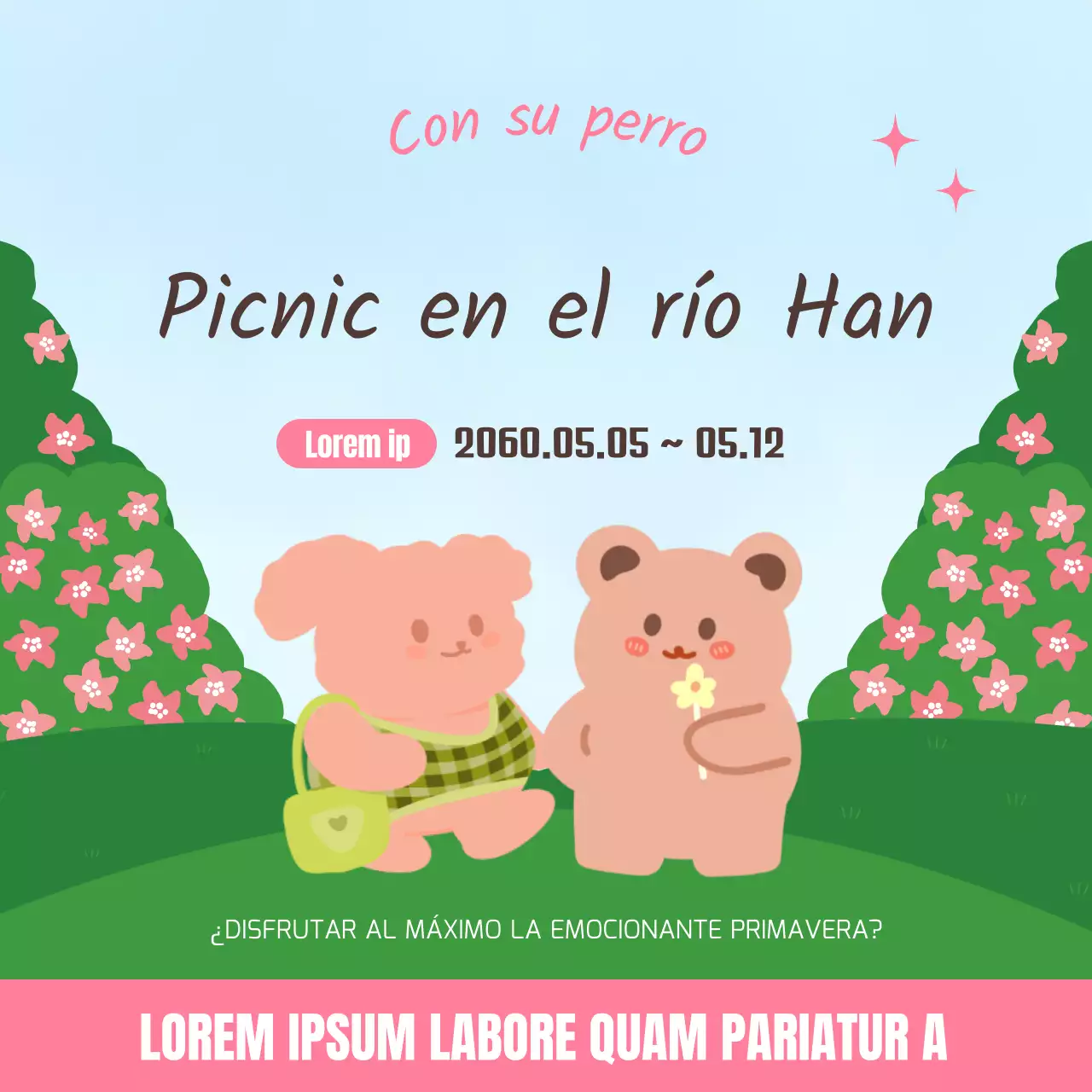 Concepto primaveral de rosa y verde para el diseño de la comida campestre del río Han