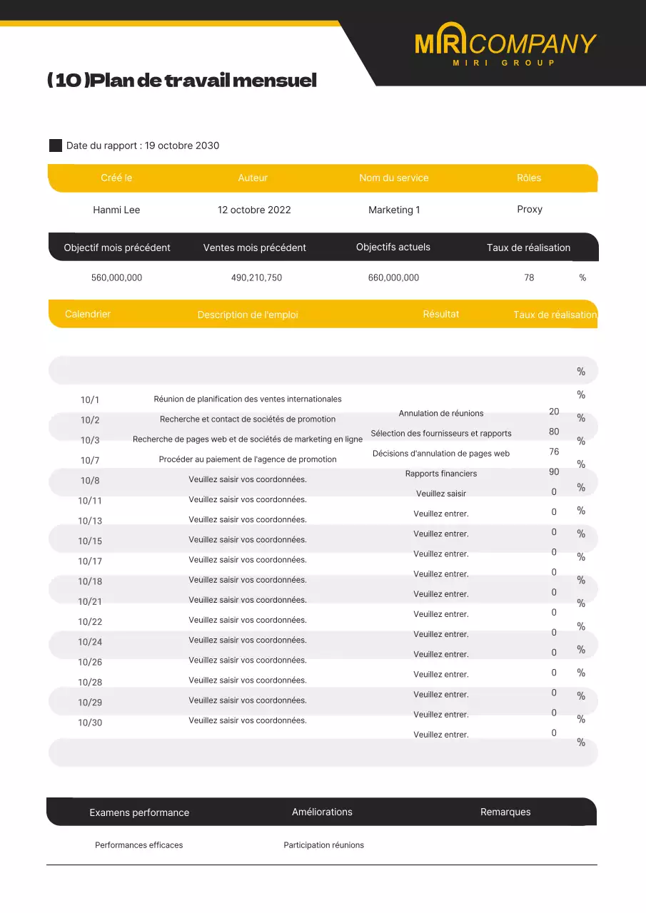 Un plan de travail mensuel propre, jaune et noir, sous forme de tableau