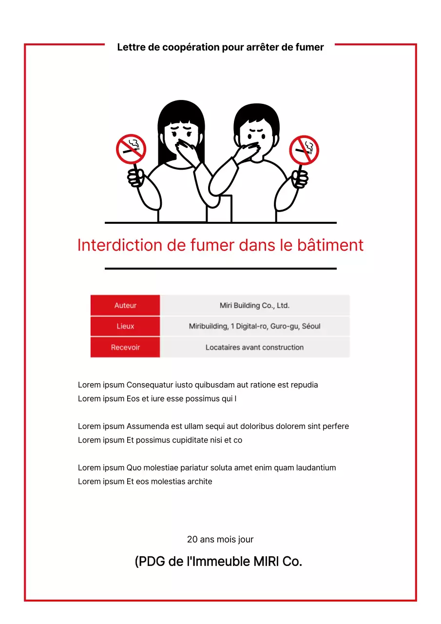Signalisation des bâtiments non-fumeurs avec illustration d'une zone non-fumeurs rouge