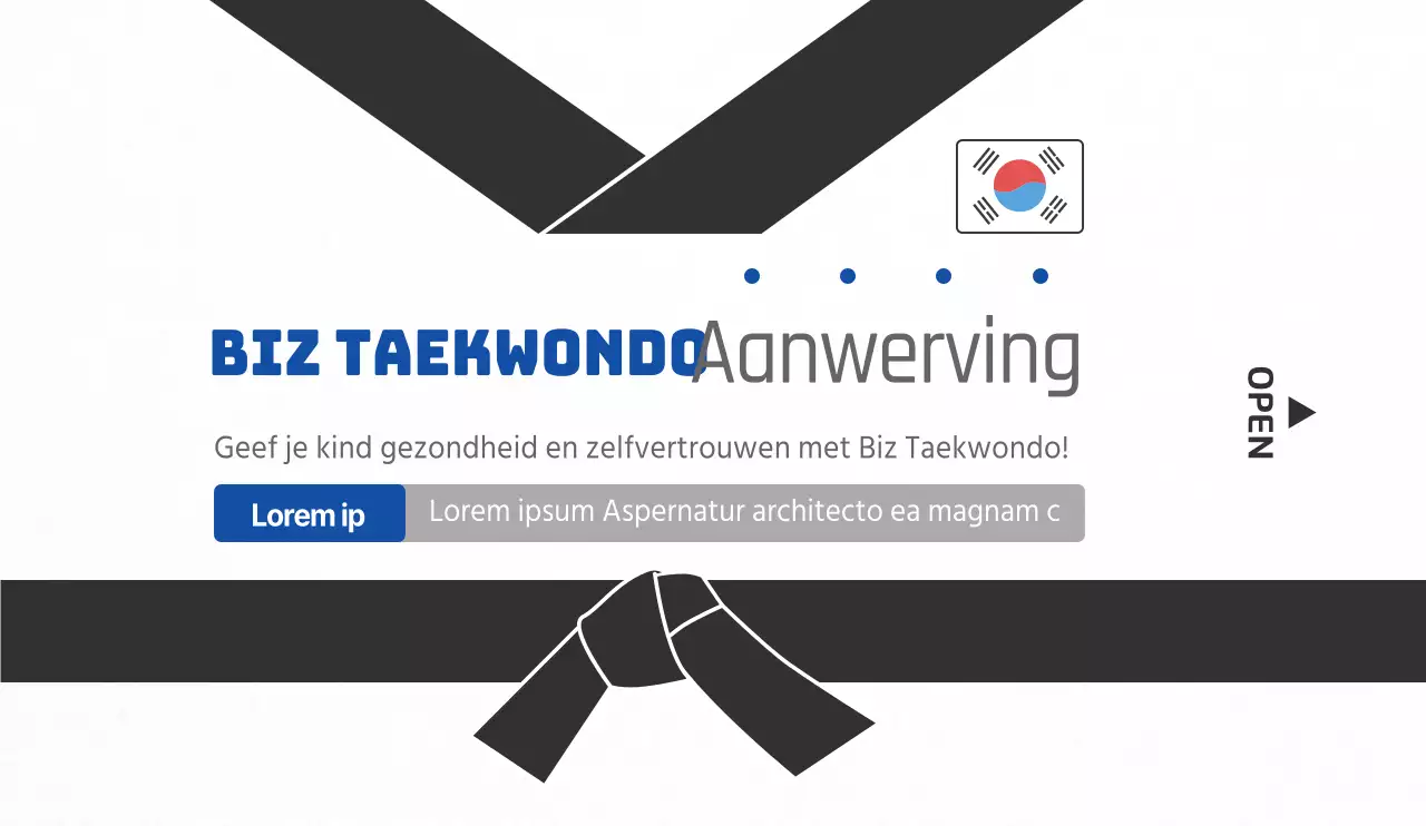 Eenvoudige stijl in zwart en blauw voor informatie en promotie van een taekwondoschool