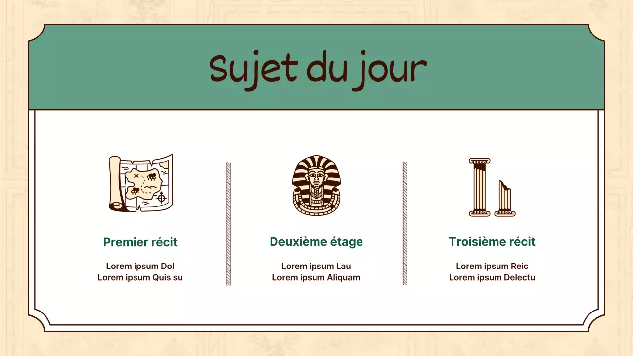 Des illustrations historiques en beige et en vert mettent en valeur les leçons d'histoire du monde.