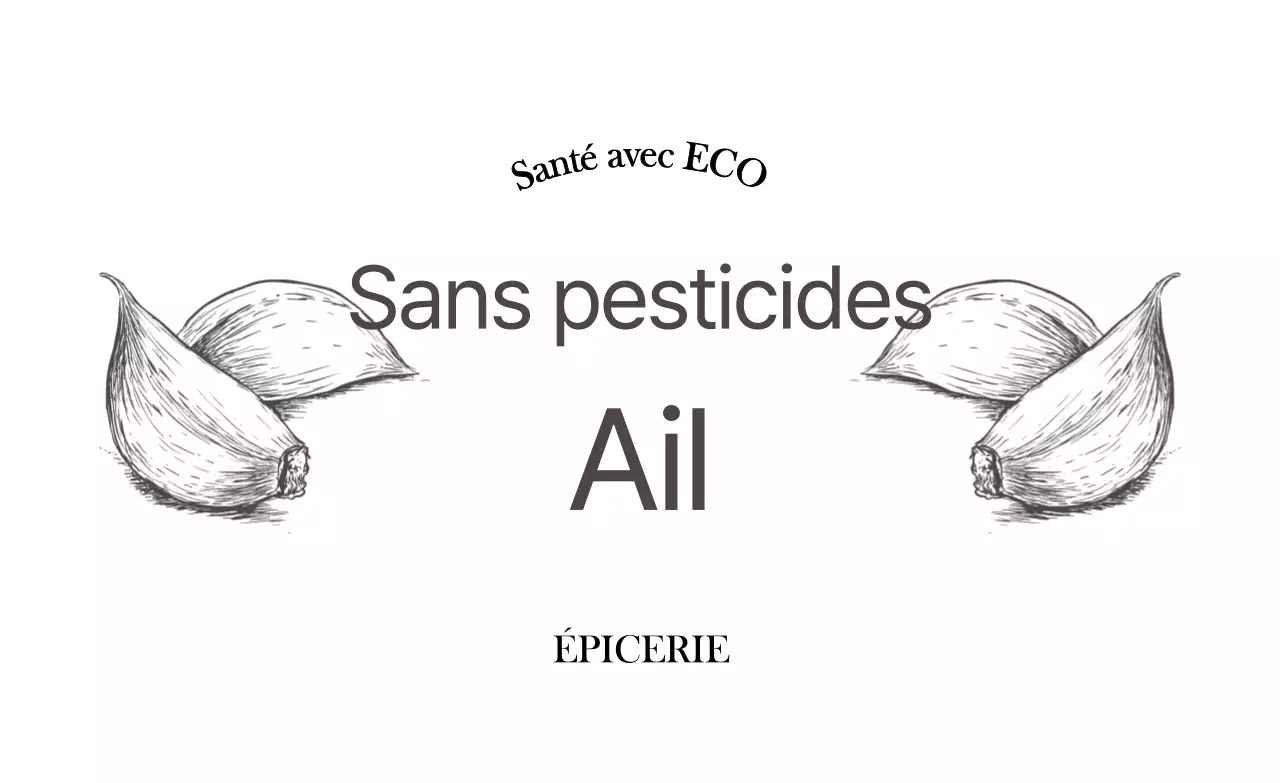 Promouvoir la certification "sans pesticides" avec un texte gris foncé et une illustration d'ail.