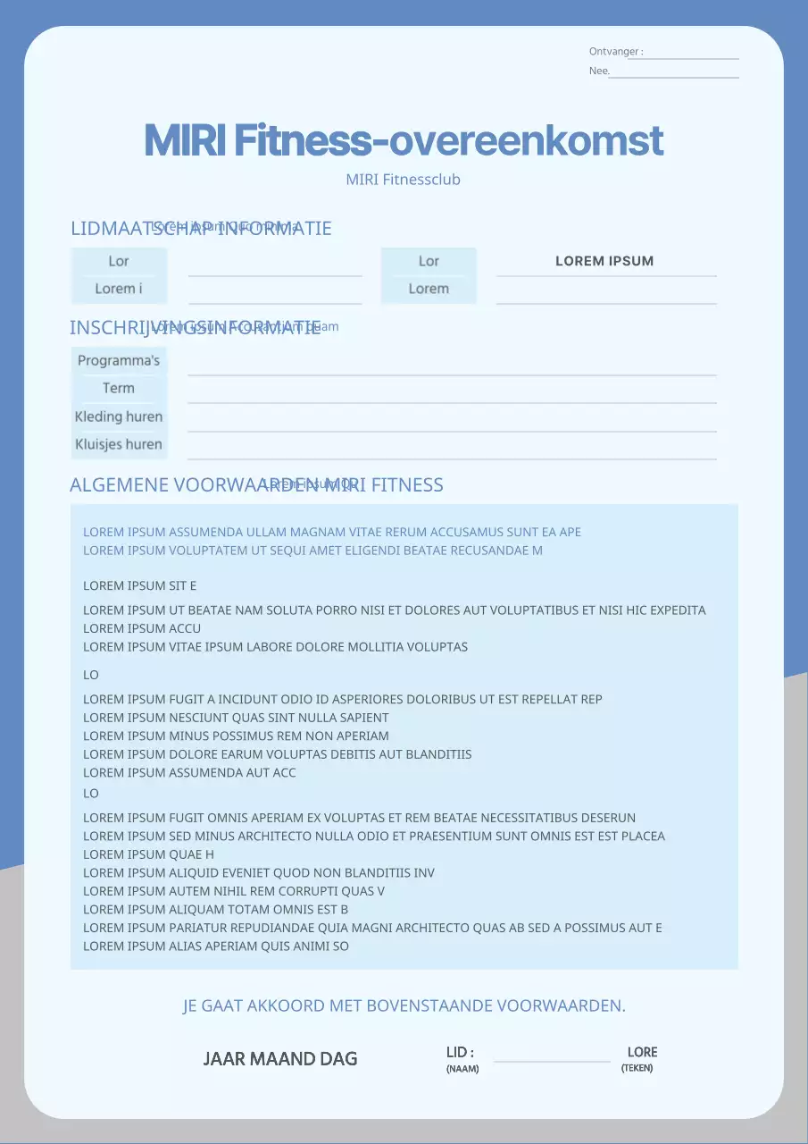 Schoon zakelijk sjabloon fitnesscontract in blauw en grijs