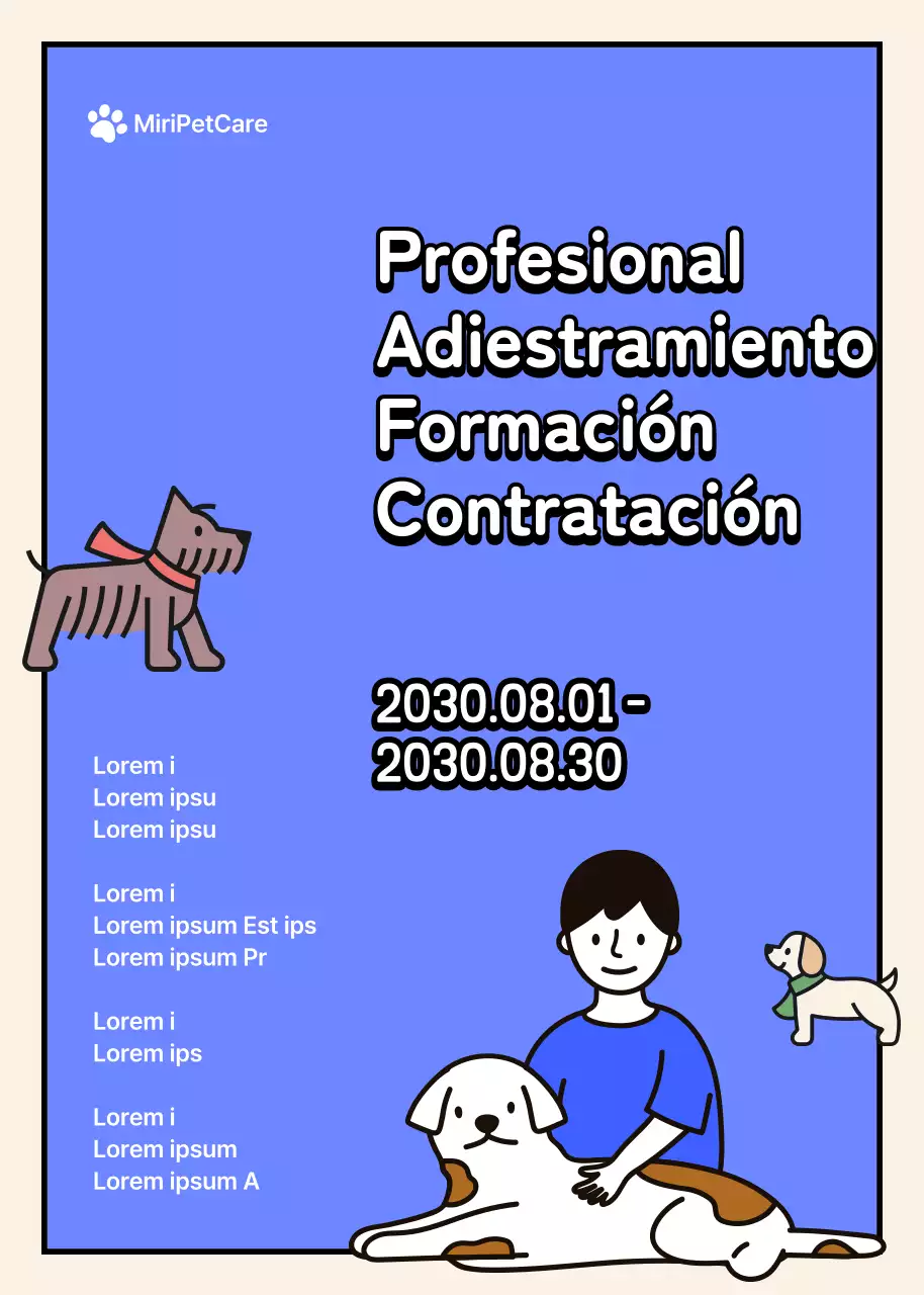 Contratación para un curso profesional de cuidador de mascotas con un concepto de ilustración de personajes en tonos azules