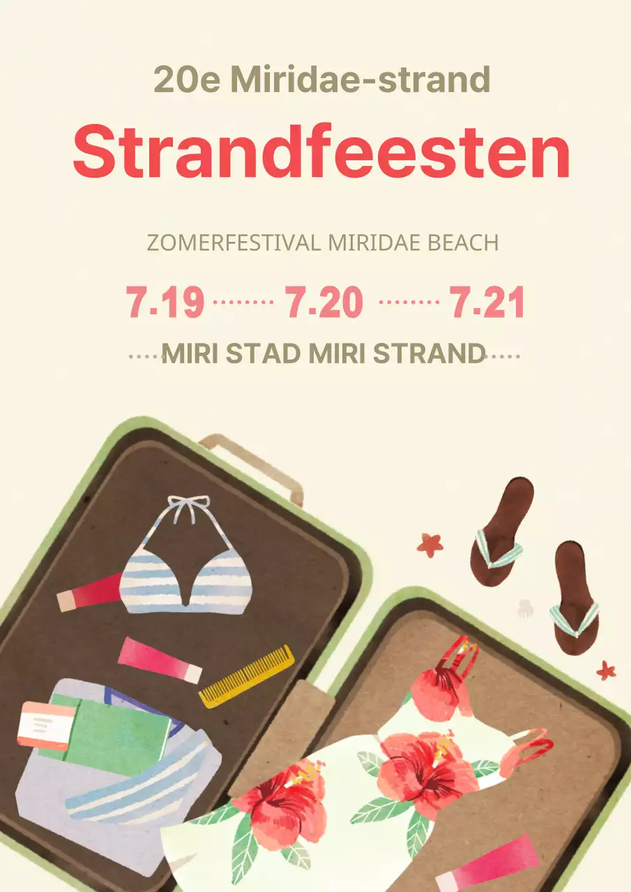 Promoot een strandfestival met zomerse rekwisieten en illustraties van dragers in lichtgeel.