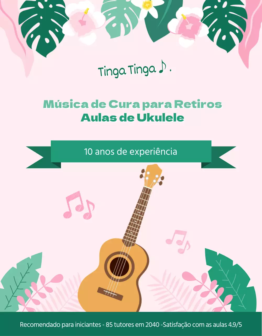 Aulas particulares de Ukulele Tropical Havaiano em Verde e Rosa