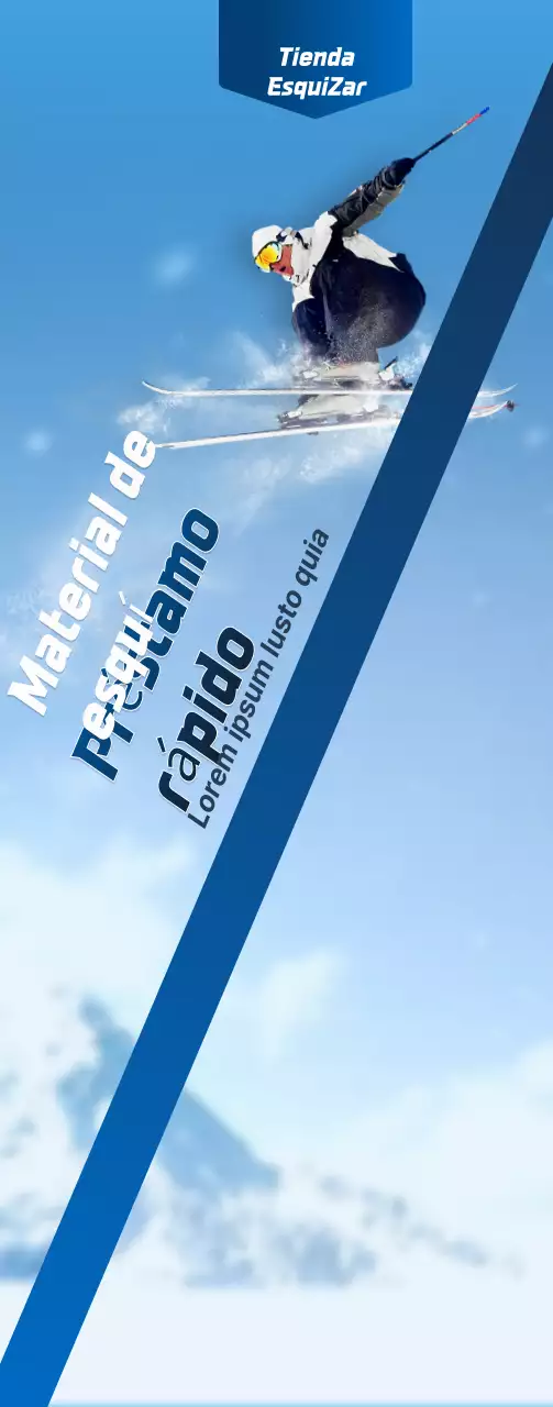 Una tienda de esquí con un concepto sencillo en azul marino y blanco para información y promoción de la tienda.