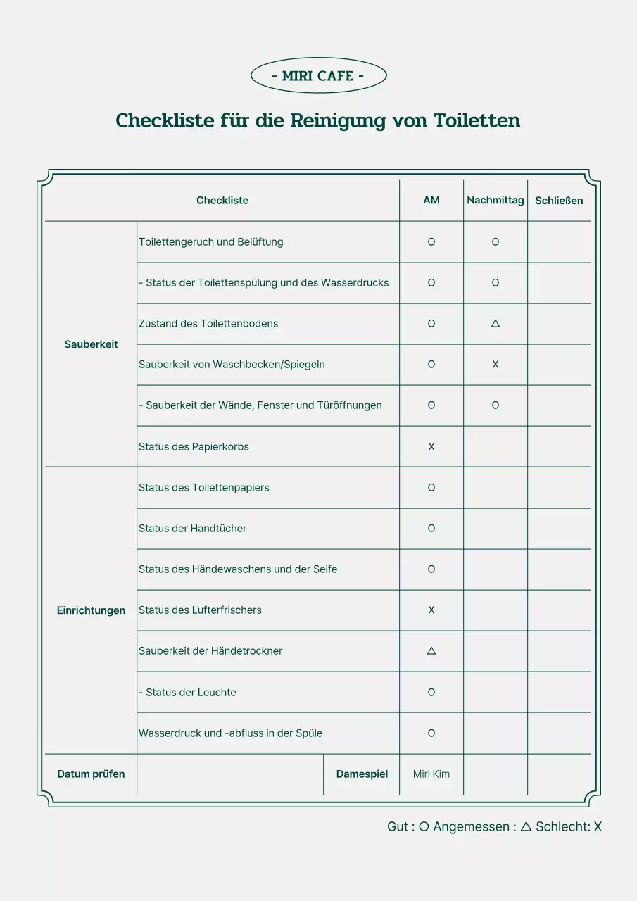 Grüne und graue Toilettenhygiene-Checkliste