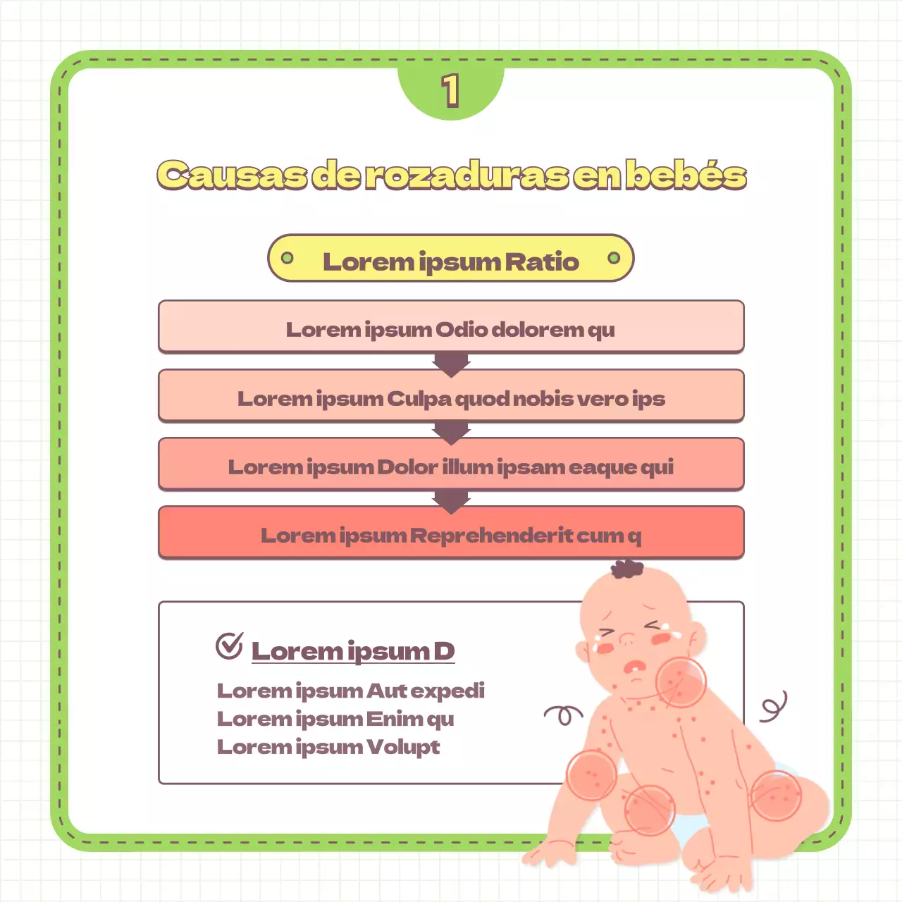 Consejos para prevenir las rozaduras del bebé y recomendaciones sobre artículos de puericultura, ilustrados en verde claro y amarillo.