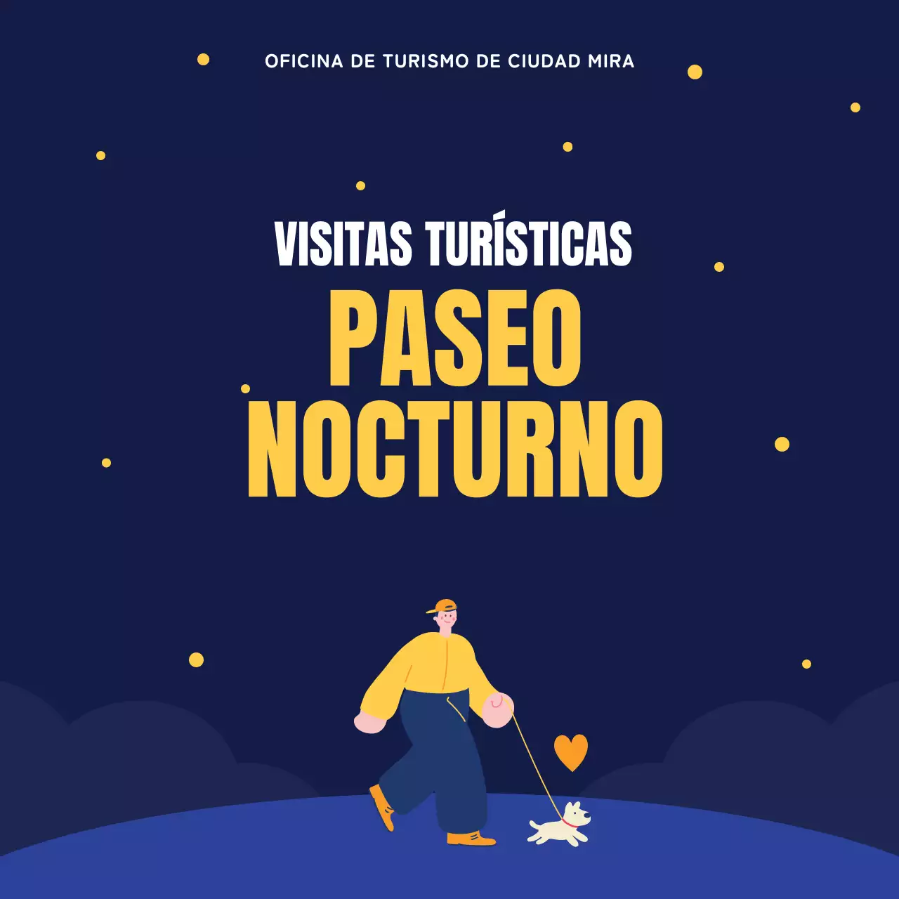 Guía de atracciones nocturnas azul marino y amarillo
