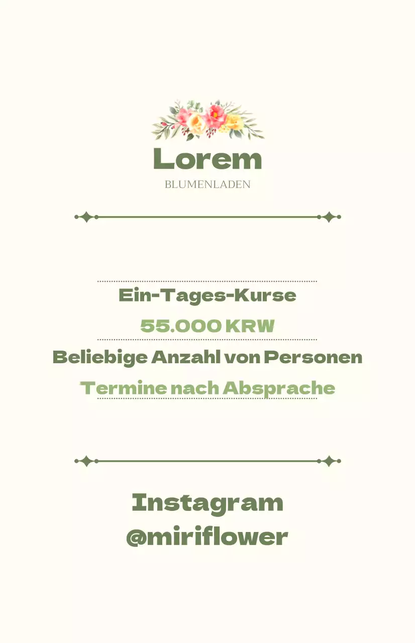 Werbung für einen eintägigen Kurs mit grünem und elfenbeinfarbenem Text und floralen Illustrationen