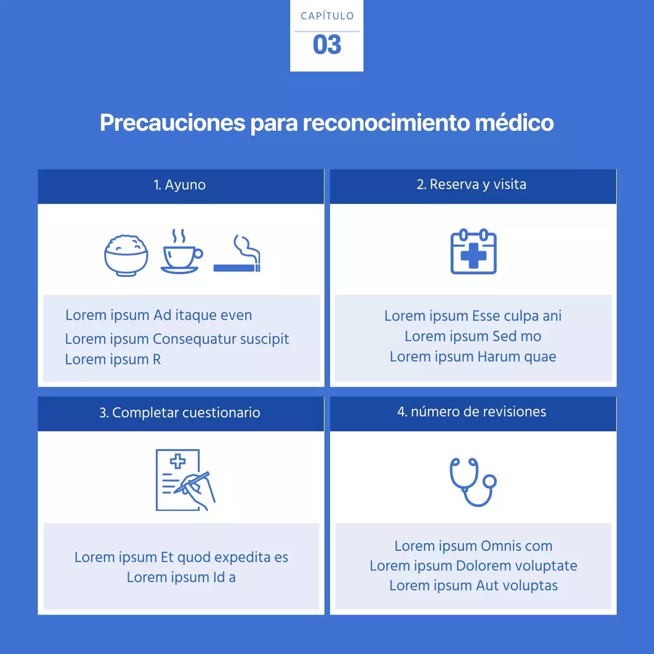 Tarjeta guía azul y blanca de chequeo médico previo a la contrataciónNoticias Diseño