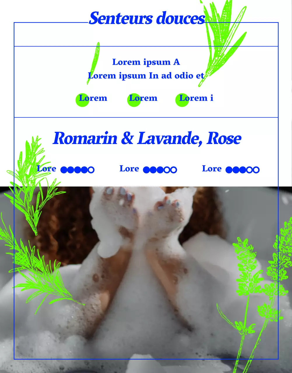 Bain moussant pré-naturel avec dessin au trait d'herbes en vert et bleu fluo