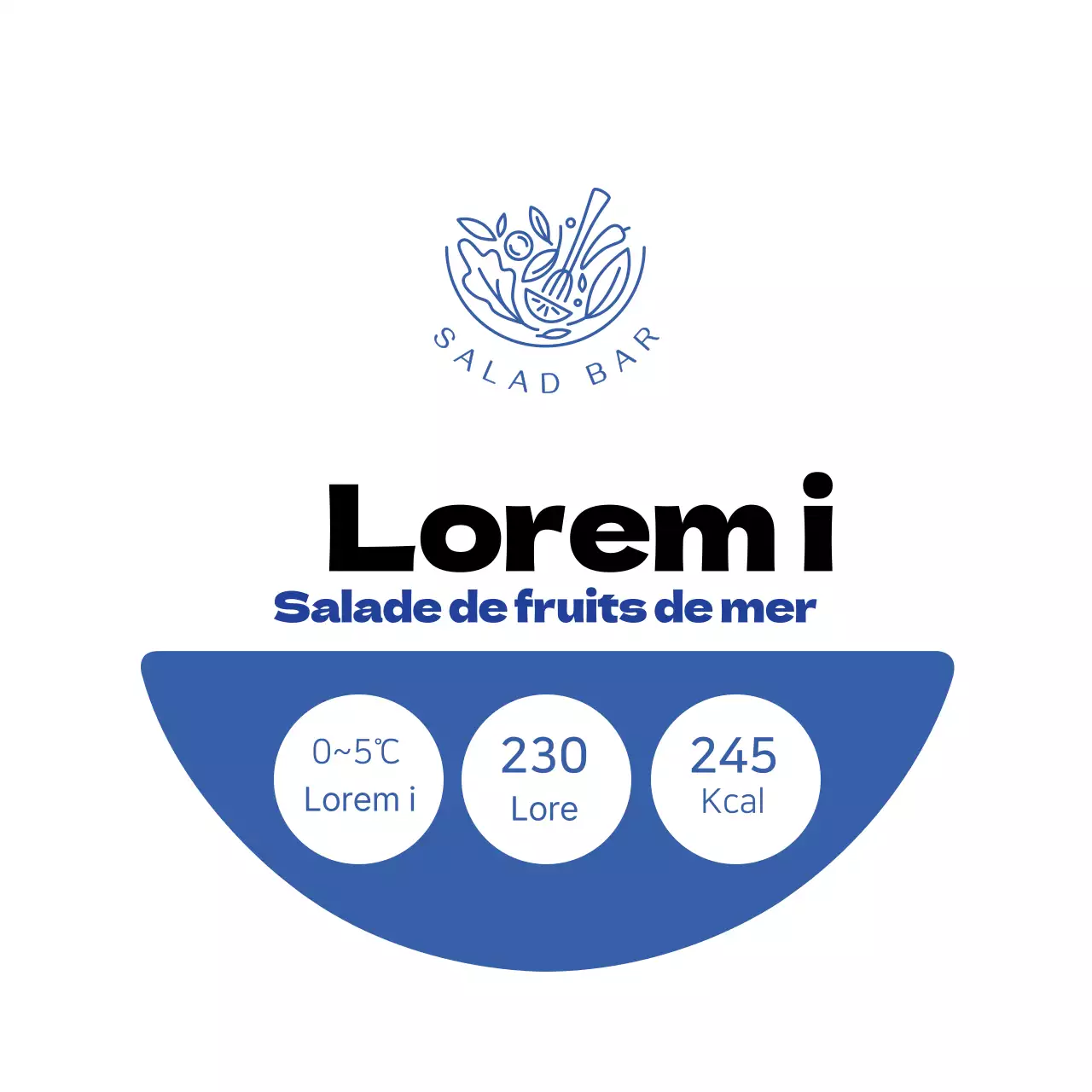 Étiquette de salade de fruits de mer propre, blanche et bleue