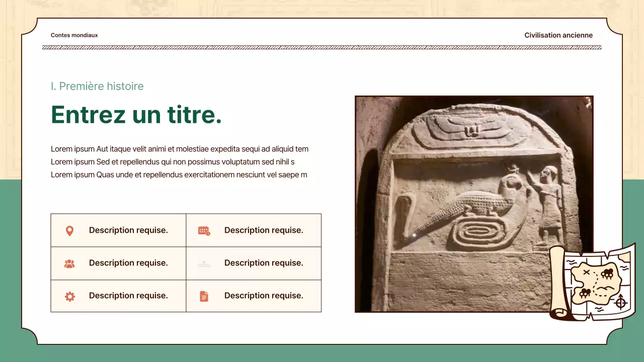 Des illustrations historiques en beige et en vert mettent en valeur les leçons d'histoire du monde.