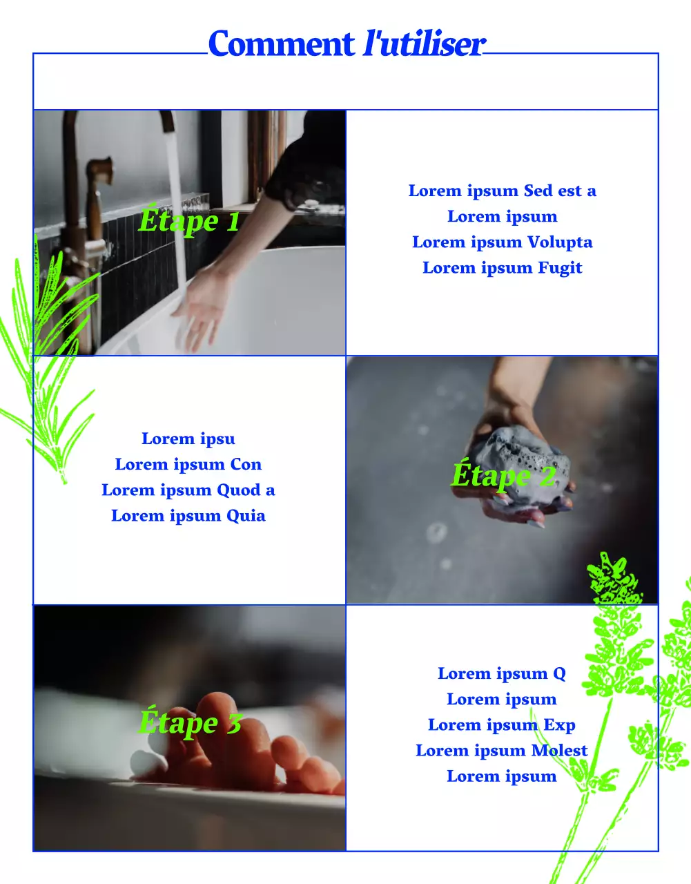 Bain moussant pré-naturel avec dessin au trait d'herbes en vert et bleu fluo