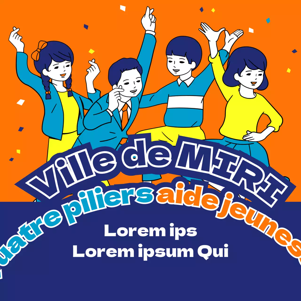 S'inscrire pour recevoir des notifications sur les informations relatives à la politique de soutien à la jeunesse avec des illustrations comiques et ludiques de couleur orange et bleu marine.