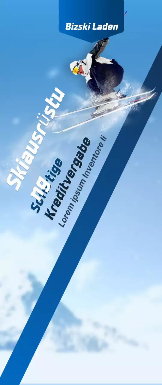 Ein Skigeschäft mit einem einfachen Konzept in Marineblau und Weiß zur Information und Werbung für das Geschäft.