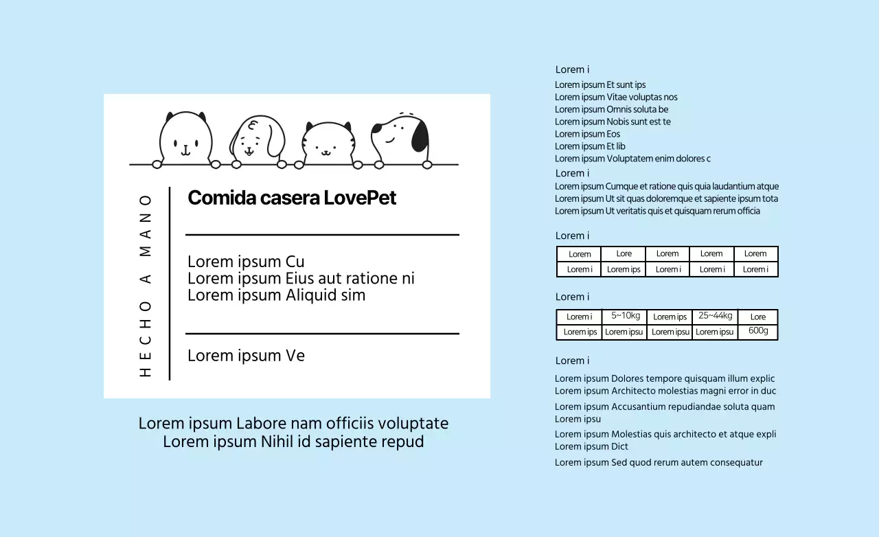 Etiqueta de texto azul claro para alimentos para mascotas