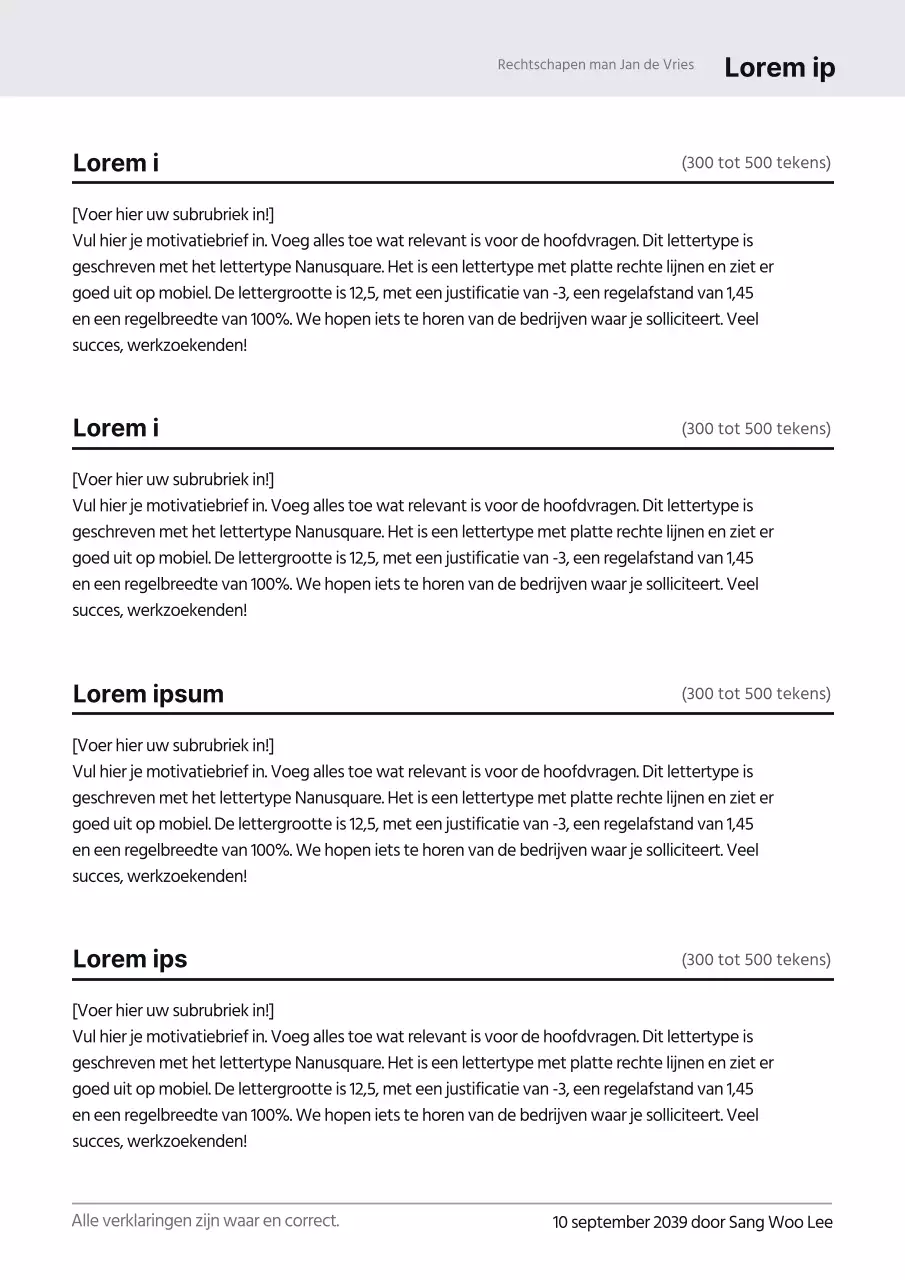 Een grijs, strak conceptformulier voor een persoonlijke verklaring
