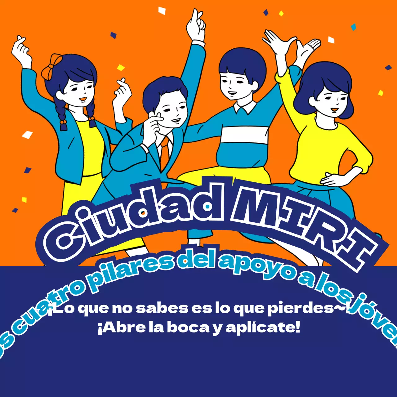 Inscríbete para recibir notificaciones sobre información relativa a la política de apoyo a los jóvenes con cómicas y divertidas ilustraciones en naranja y azul marino.