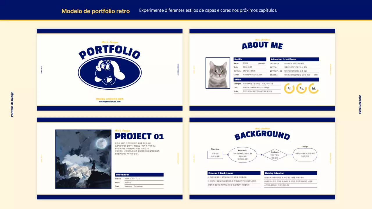 Portfólio de design para um conceito retro vintage em azul-marinho e amarelo