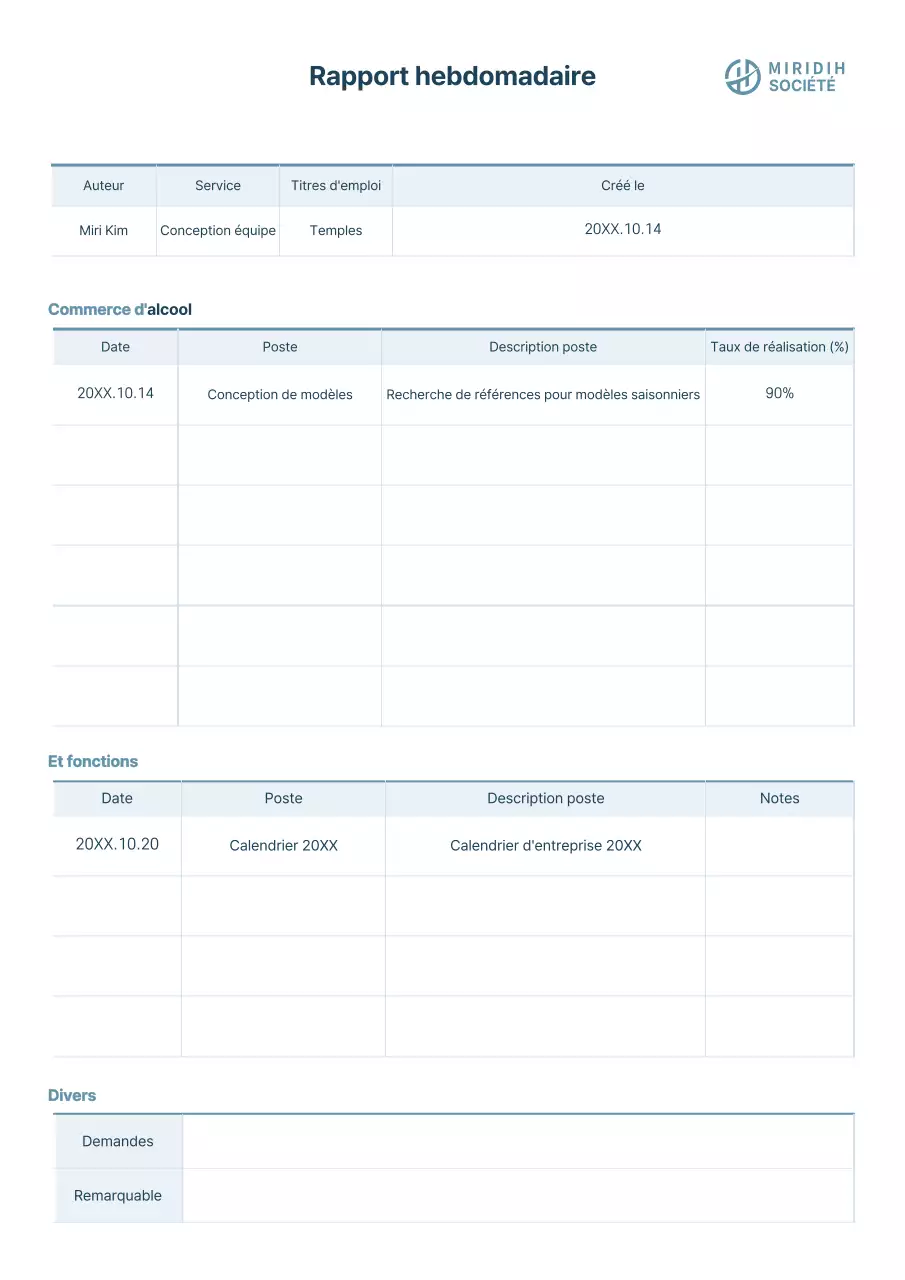 Format d'entreprise simple rapport d'activité hebdomadaire