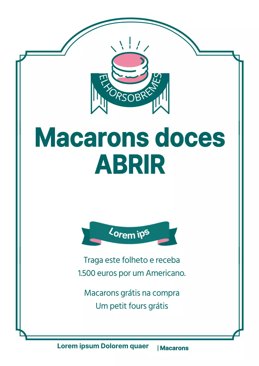Folheto de abertura de um café com macarons em verde e cor-de-rosa