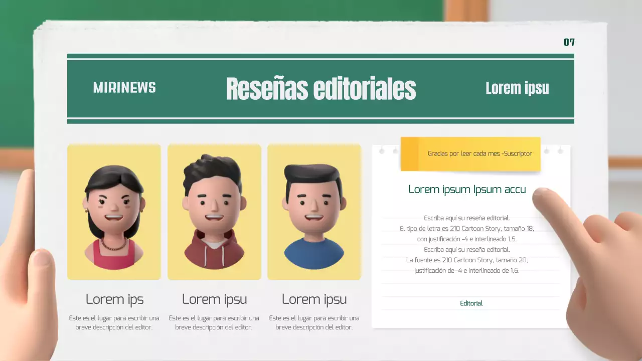 Nuestro periódico de clase en verde y amarillo, 3D estereoscópico