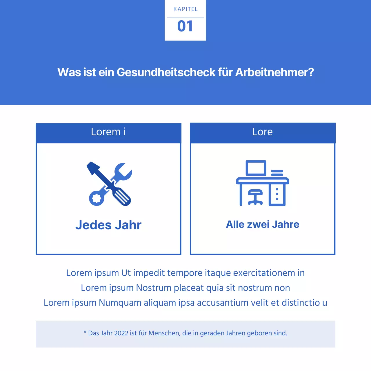 Blaue und weiße Leitfaden-Karte für den Gesundheitscheck vor der EinstellungNews Design