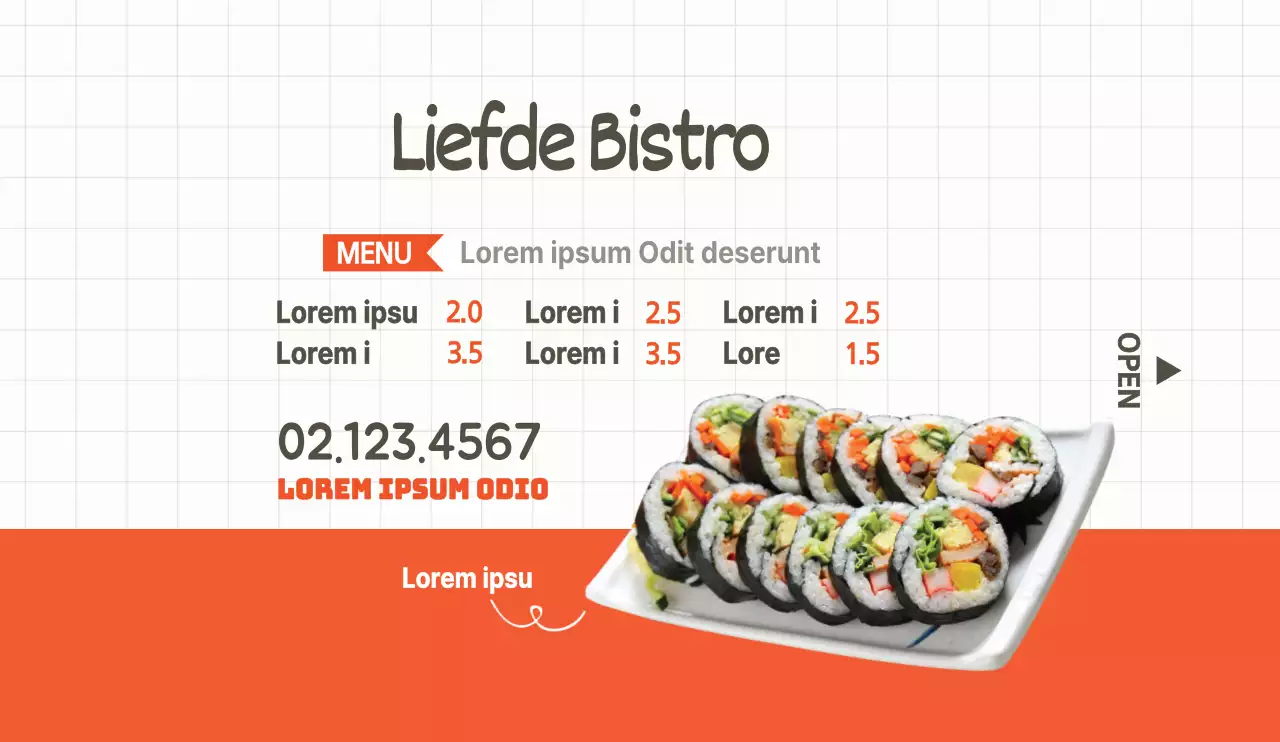 Strakke stijl in lichtgrijs en oranje voor het promoten en informeren van eetgelegenheden