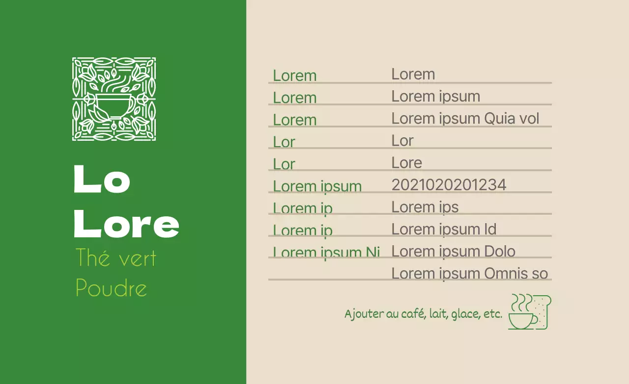 logo vert clean food thé vert en poudre étiquette détaillée